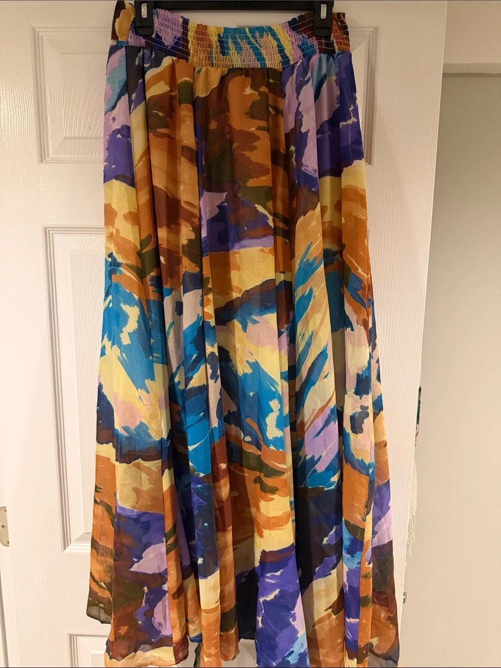 Abstract Multicolor Tie-Waist Maxi Skirt - Blue, Brown & Purple Large